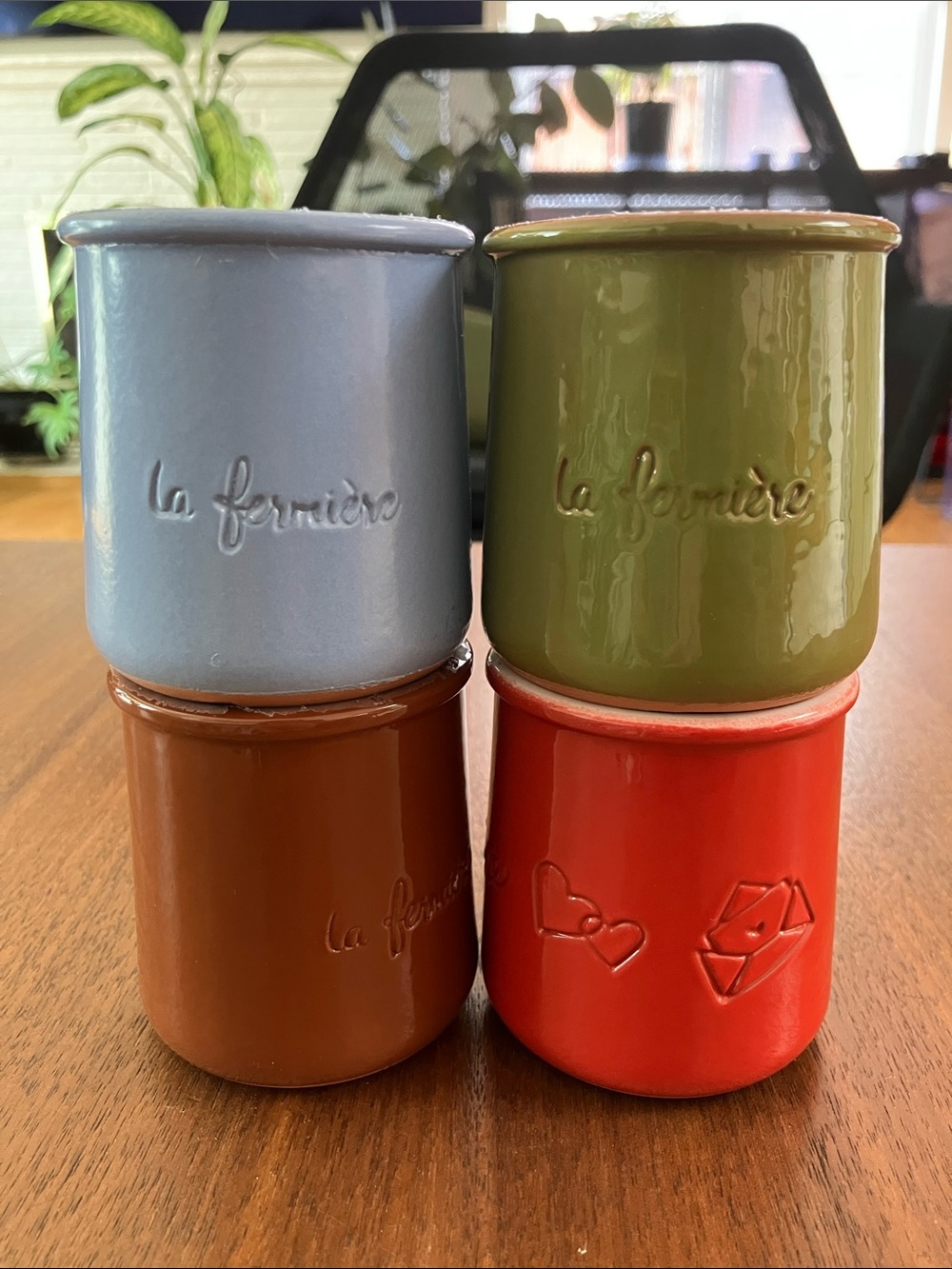La Fermière terra-cotta yogurt pots - Blue, Olive Green, Brown, Red - Set of 4